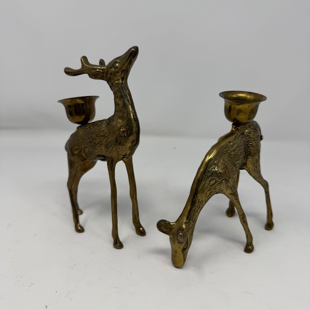 Vintage Solid Brass Deer Candle Holder Set Buck and Doe Mid Century Modern Gold
